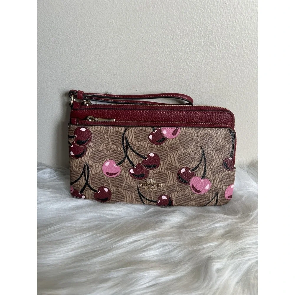 Coach Double Zip Wallet Tan Multi Canvas Leather Wristlet NEW